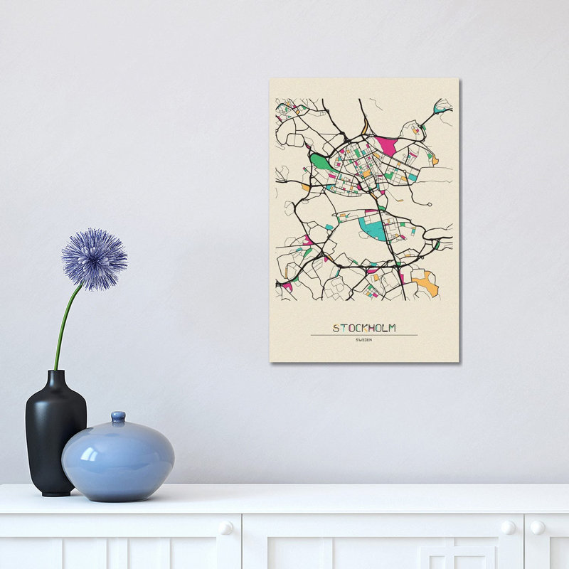 Stockholm, Suède, carte par Ayse Deniz Akerman - impression sur toile tendue, H 18 po x l 12 po x 1,5 po