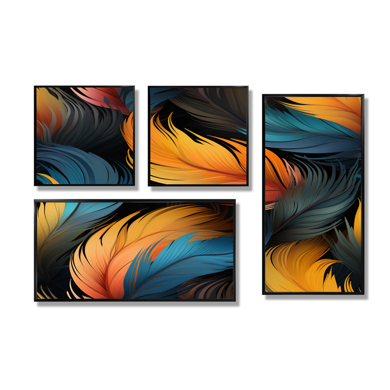Orange And Teal Feather Avian Elegance - Orange Wall Art 4 Pieces, Framed Print without Mat, Black
