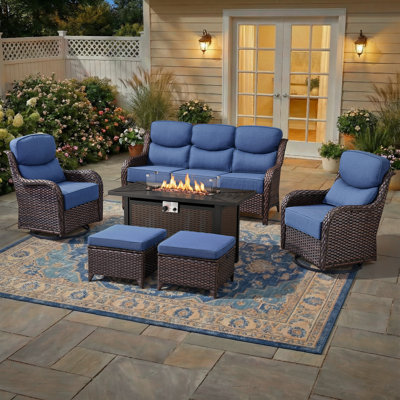 7 - Person Luxury Wicker Patio Furniture Set With Fire Pit Table & 6-Inch Extra-Thick Cushion Swivel Chairs
