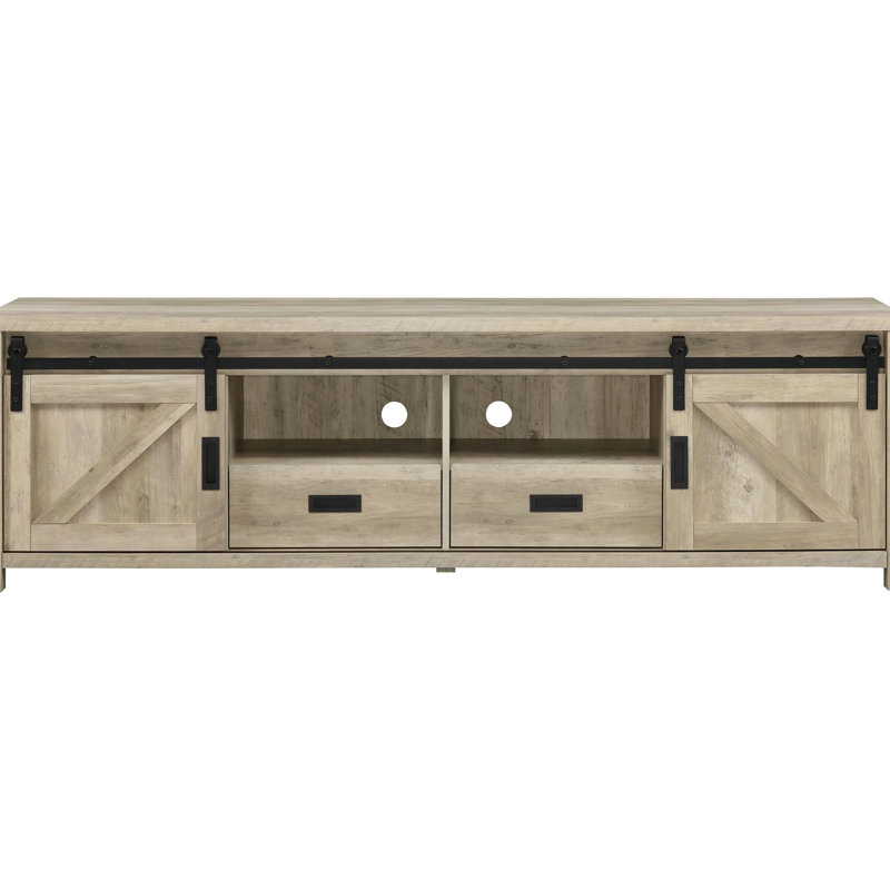 Meuble télé en bois d'ingénierie vieilli à 2 portes au fini pin vieilli, compatible 79 pouces, portes coulissantes, deux tiroirs spacieux, design rustique, espace, 23,5 po de hauteur, 78,82 po de long avec finition, taille, H 23,5 po