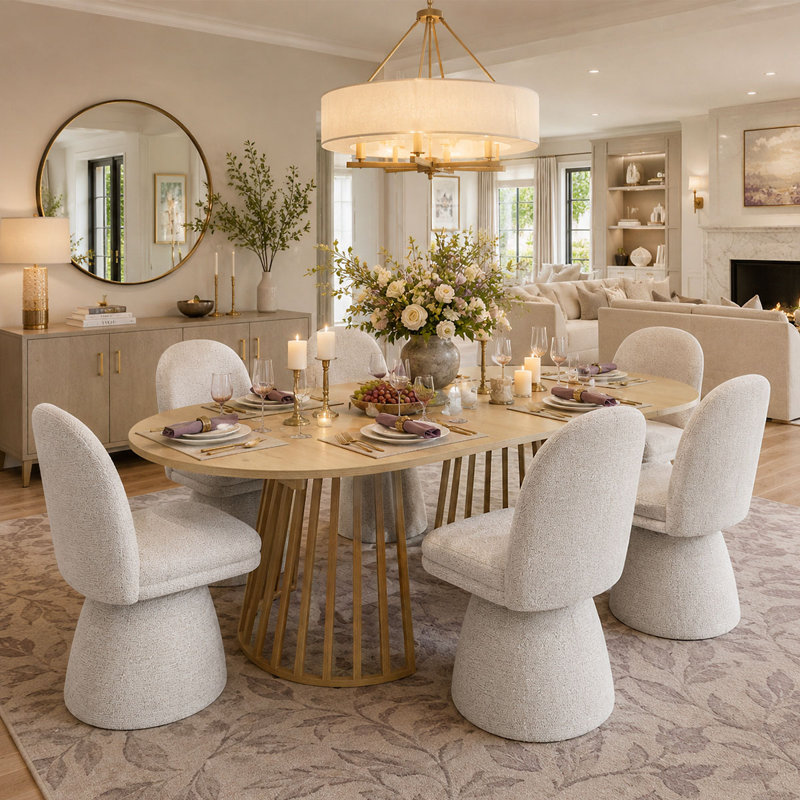 6 - Person Dining Table Sets With Extendabe Oval Table & 6 Upholstered Fabric Swivel Chairs