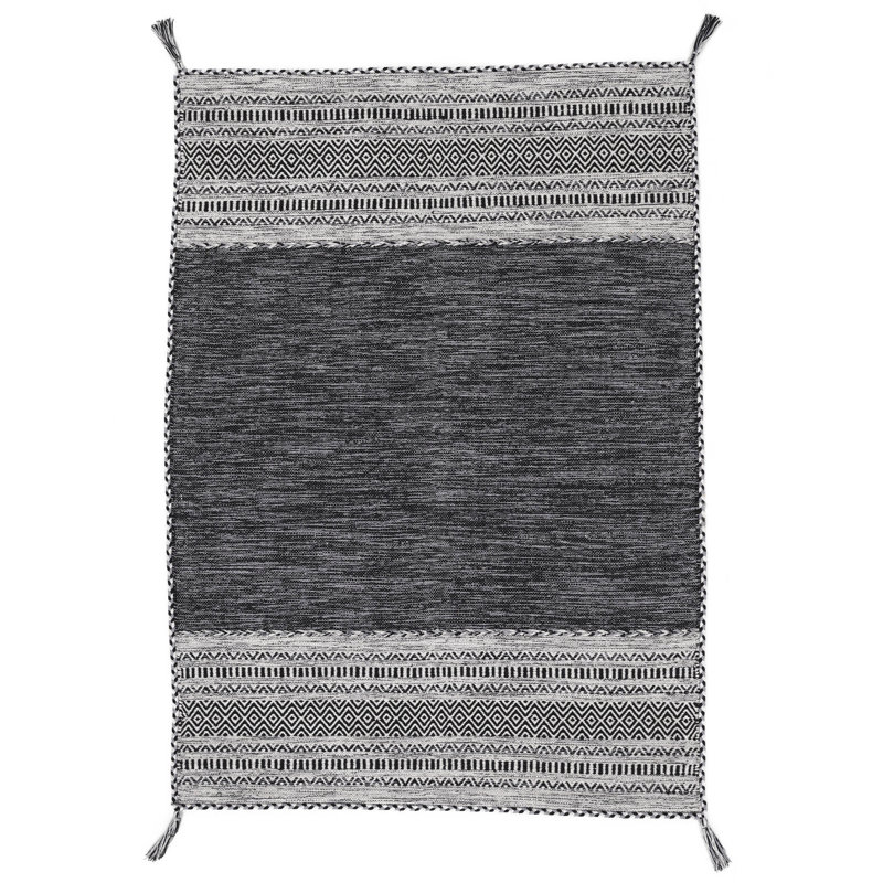 Azizi Striped Hand Woven Cotton Black Rug, Rectangle 160 x 230cm