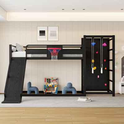 Twin Size Metal Loft Bed with Slide, Basketball Hoop, Climbing Wall & Pull-Up Rings, Kids Playful Design, Black
