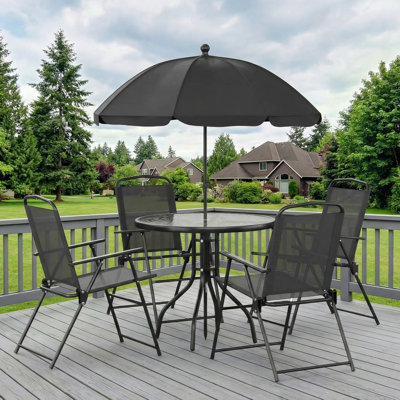 6 Pieces Patio Dining Set With 65″ Umbrella, Outdoor Table And Chairs With 31.5″ Round Glass Table, 4 Folding Textilene Chairs, Patio Dining Set With Steel Frame, For Poolside, Backyard(black)