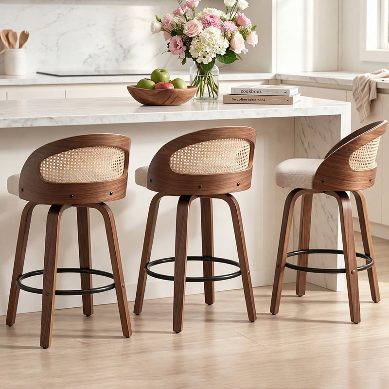 Templecorran Swivel Modern Swivel Counter & Bar Stools (Set Of 3), Counter Stool (25” Seat Height), Beige Linen