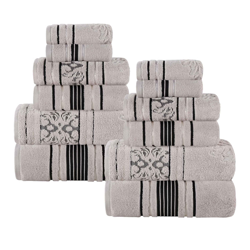 Ensemble de serviettes en coton uni et jacquard Sadie Zero Twist, Ensemble de serviettes - 12 pièces, À rayures, Platine