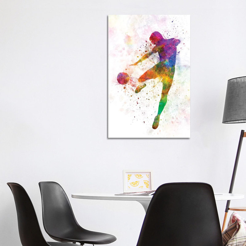 «Man Soccer Football Player Flying Kick III» par Paul Rommer - peinture sur toile tendue, H 40 po x l 26 po x P 1,5 po