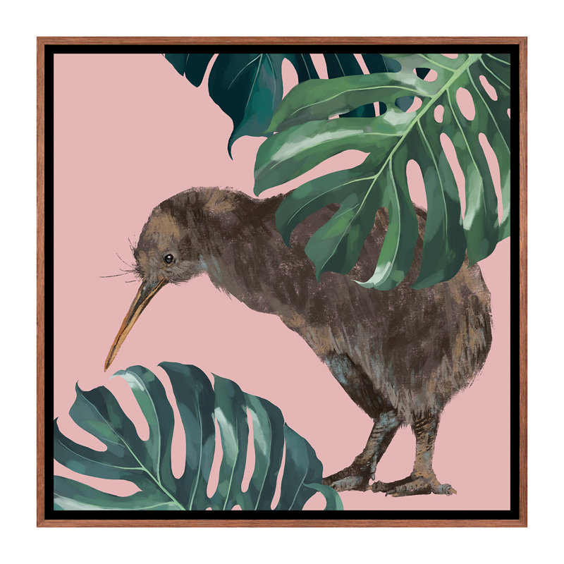 Kiwi oiseau avec monstera art, H 26 po x l 26 po x P 1,5 po, Toile avec cadre en bois classique