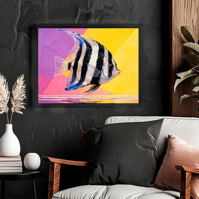 «Black Angelfish» rayé noir, impression de peinture marine vibrante et moderne, H 9 po x l 11 po