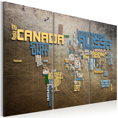 Map Of The World - 3 Piece No Frame Print on Canvas