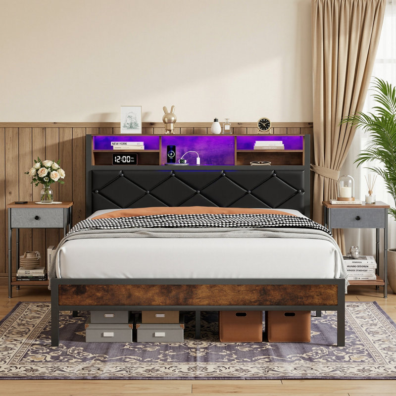Ensemble de chambre à coucher rembourrée, lit plateforme avec éclairage à DEL et 2 tables de chevet, tête de chargement USB / Type-C, lit de rangement, assemblage facile