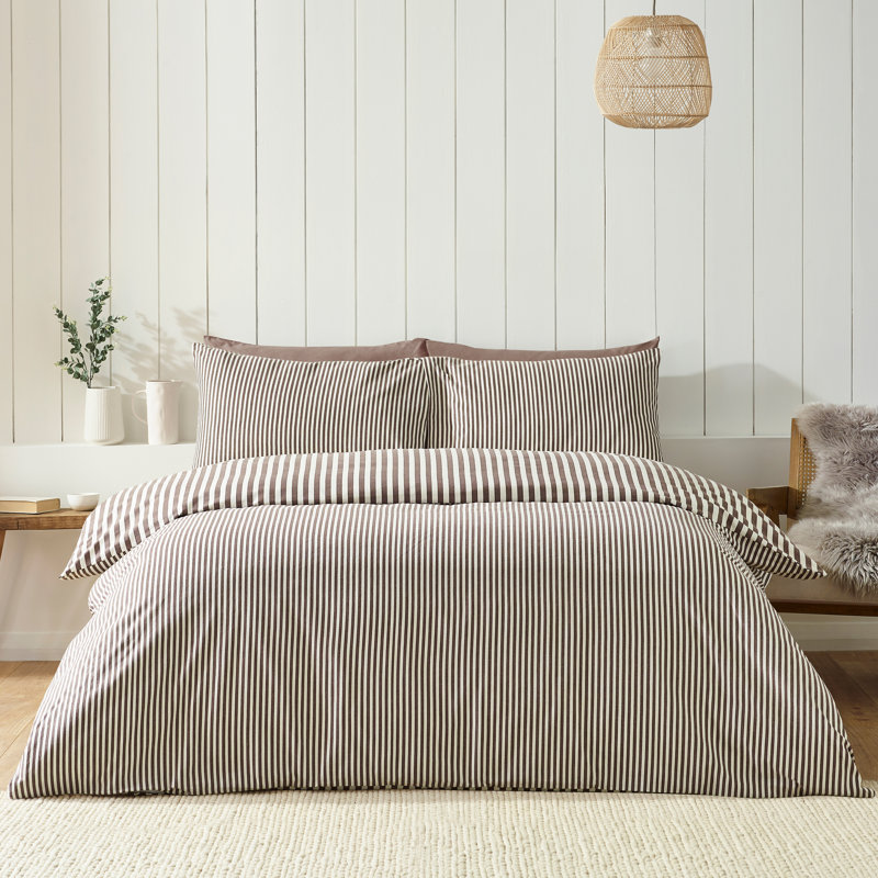 Brushed Stripe Cotton Reversible Duvet Cover Set, Super King, Chocolate