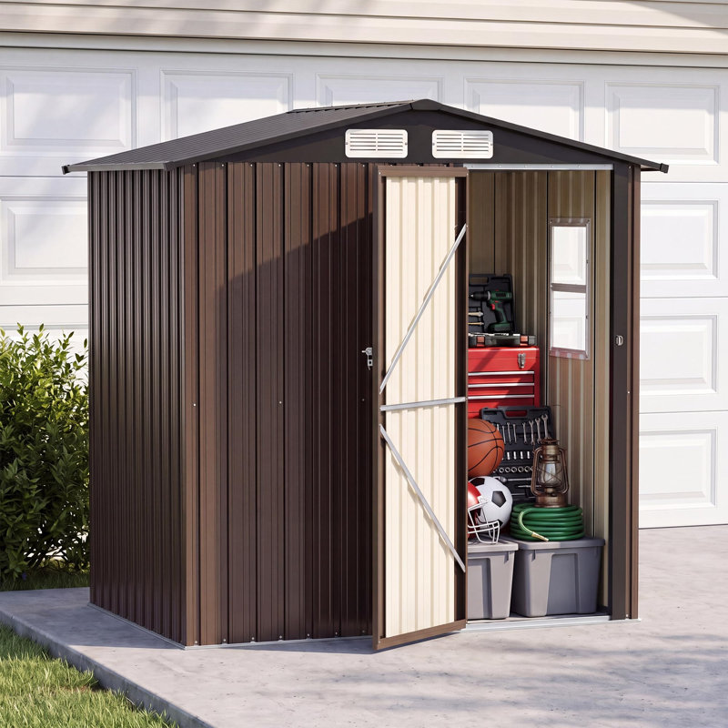 Remise de rangement extérieure en métal galvanisé 6 pi x 4 pi avec porte verrouillable, Brun