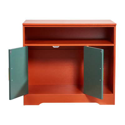 Enceinte de litière pour chat, armoire à litière cachée 31 po avec tablette et rangement, salle de bain intérieure pour chat de style moderne, table de bout en bois pour meuble pour chat, convient à la plupart des bacs à litière, rouge et vert