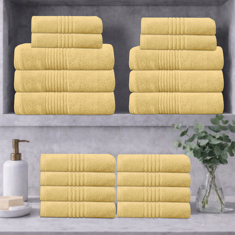 Ensemble de serviettes de bain 100% coton 100% coton zéro torsion Phoebe Home Weavers, 16 po x 24 po (12), 27 po x 54 po (6) (6 serviettes de bain, 12 serviettes de bain), jaune