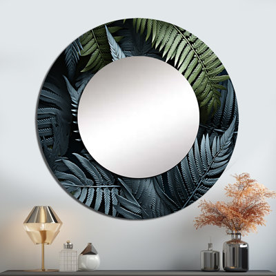Roiza Fern Fronds In Green II - Plants Wall Mirror, Green Round Decorative Mirror, Printed Metal Art