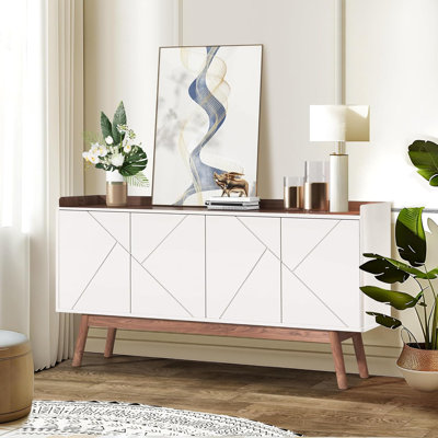 Sideboard Buffet Cabinet 55 Inch Modern Storage Cabinet With Pop-Up Doors Wooden Buffet Cabinet With Raised Edge Top Sideboard Cabinet For Entryway, L
