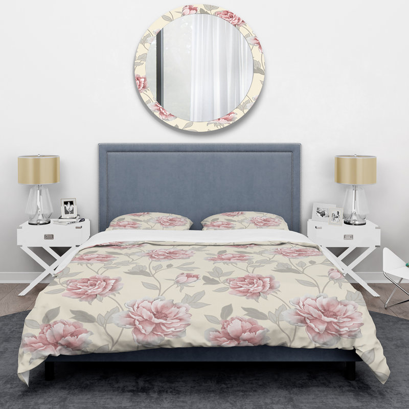 Fleurs roses et feuille grise - Ensemble de housse de couette Cabin & Lodge