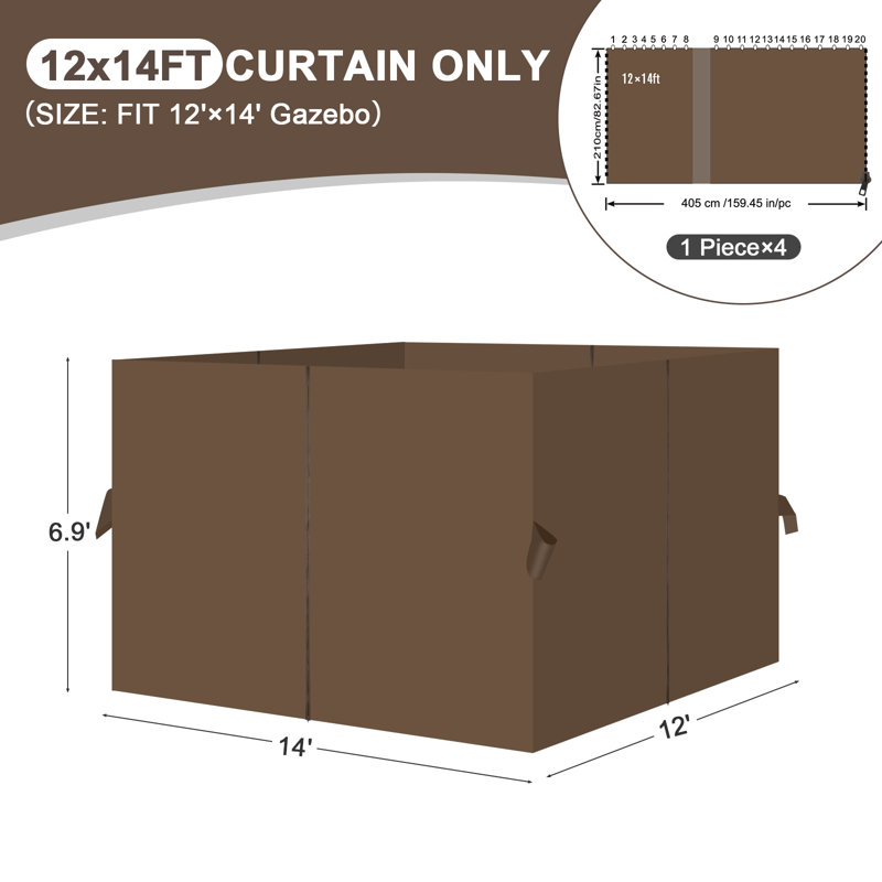 Aoodor Replacement 4-Panel Gazebo Sidewall Curtains, Brown, 82.7" H x 144" W x 168" D