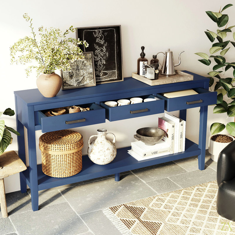 62.2'' Farmhouse Entryway Table With 3 Drawers, Painted Console Table With Bottom Shelf & Iron Handles, Minimalist Sofa Table For Living Room, Hallway, Kitchen, Bedroom, Office