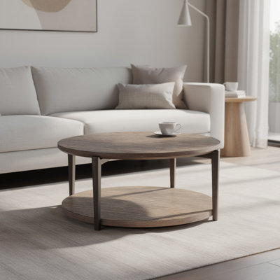 Table basse Jesy, plateau rond de 43 pouces avec tablette inférieure, brun naturel