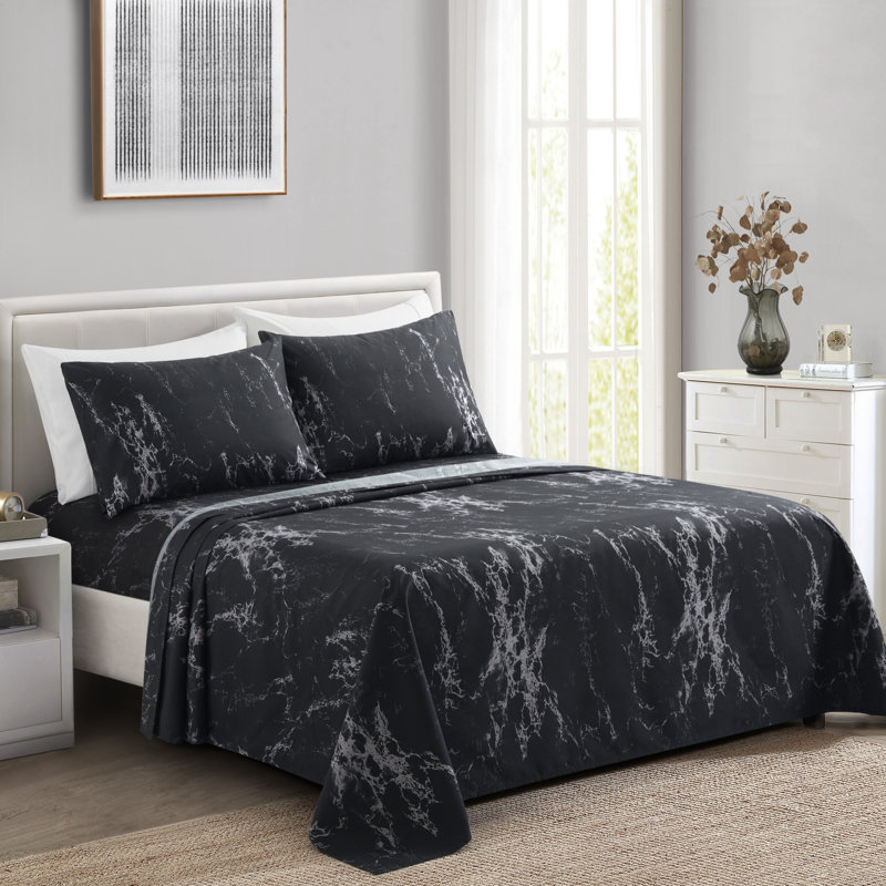 Marina Decoration Home Decor Bedding Bedroom Bedsheet Soft Silky Deep Pocket Rayon from Bamboo All Season 4 Pieces Printed Sheet Set with 2 Pillowcases, Modern Black Marble Pattern Twin/Single Size