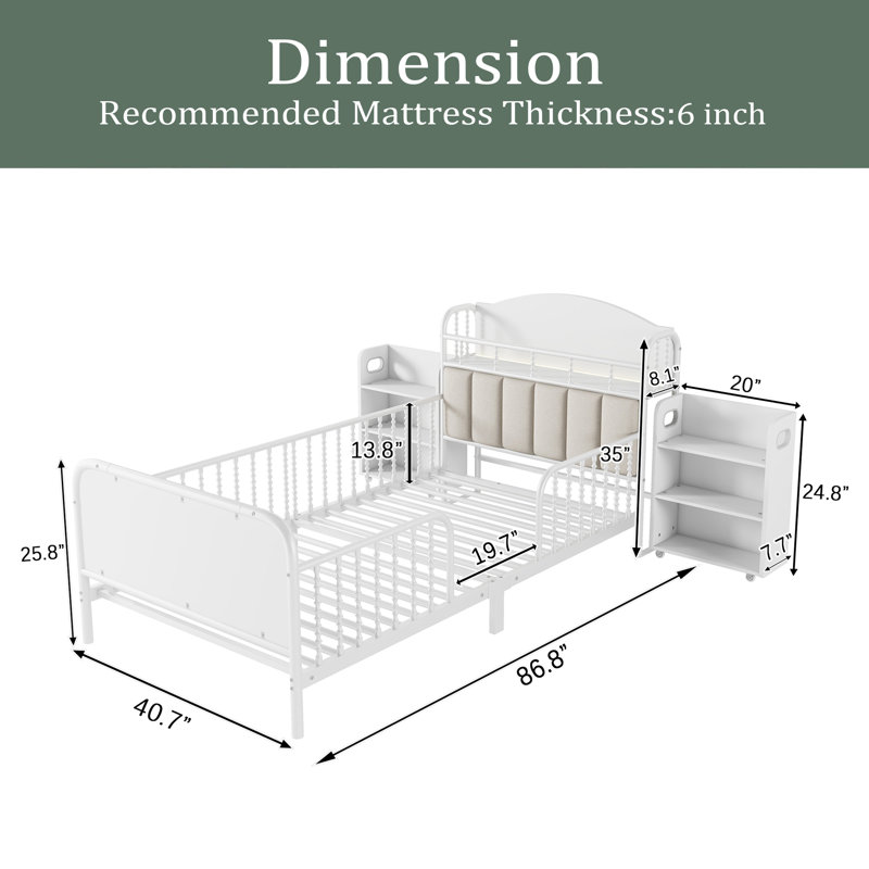 Structure de lit plateforme simple en métal avec lumière, lit simple en métal pour enfants avec tablettes de rangement rembourrées et escamotables