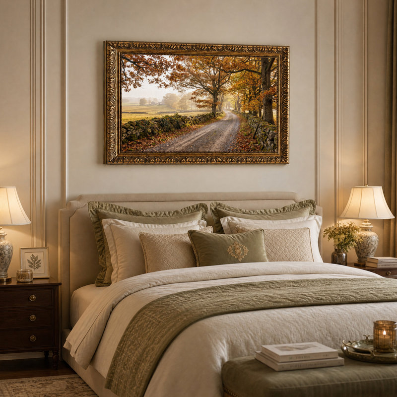 Tableau sur toile représentant une route de campagne d'automne avec des murs en pierre, H 16 po x l 24 po