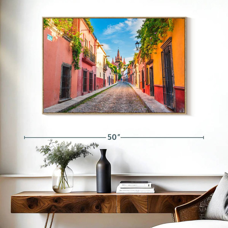 Quaint San Miguel Street, Floating Frame Natural Wood, 40" X 27"