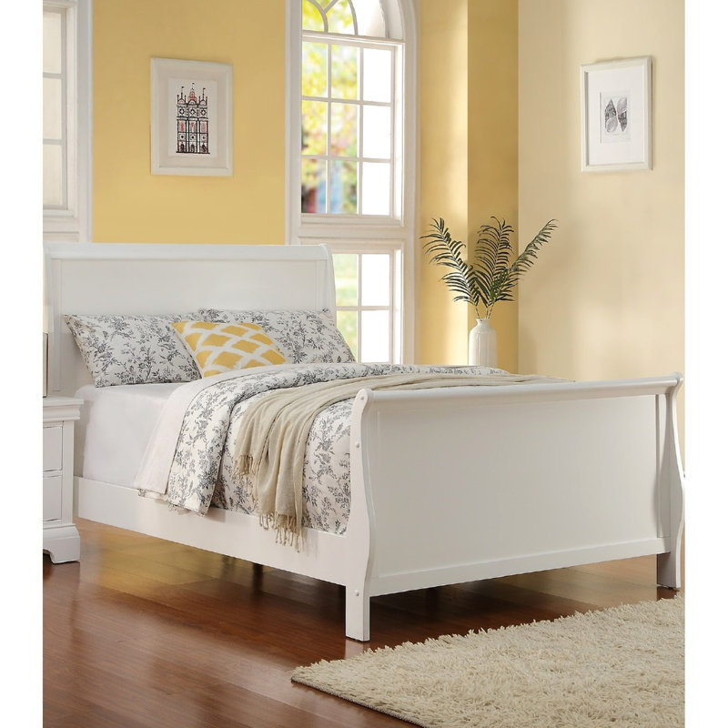 Lit double de style moderne avec tête de lit en contreplaqué blanc et repose-pieds avec structure solide, Lit double