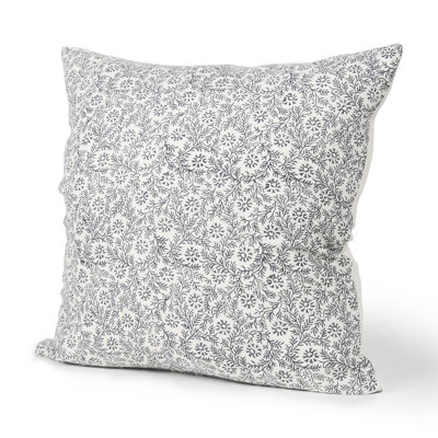 22" Cream And Indigo Botanical Linen Throw Pillow Cover with Embroidery