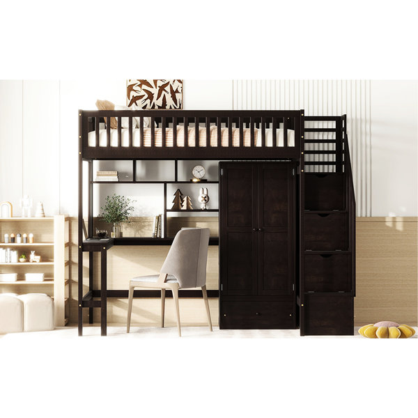 Latitude Run® White Twin Loft Bed With Bookshelf, Drawers, Desk And ...