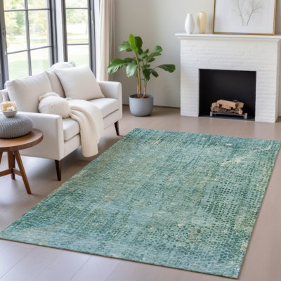 Machine Washable Indoor/Outdoor Xhevrie Teal Rug