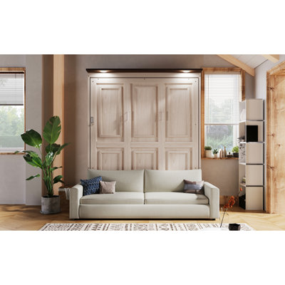 Queen Size Murphy Bed with Sofa and LED, Beige