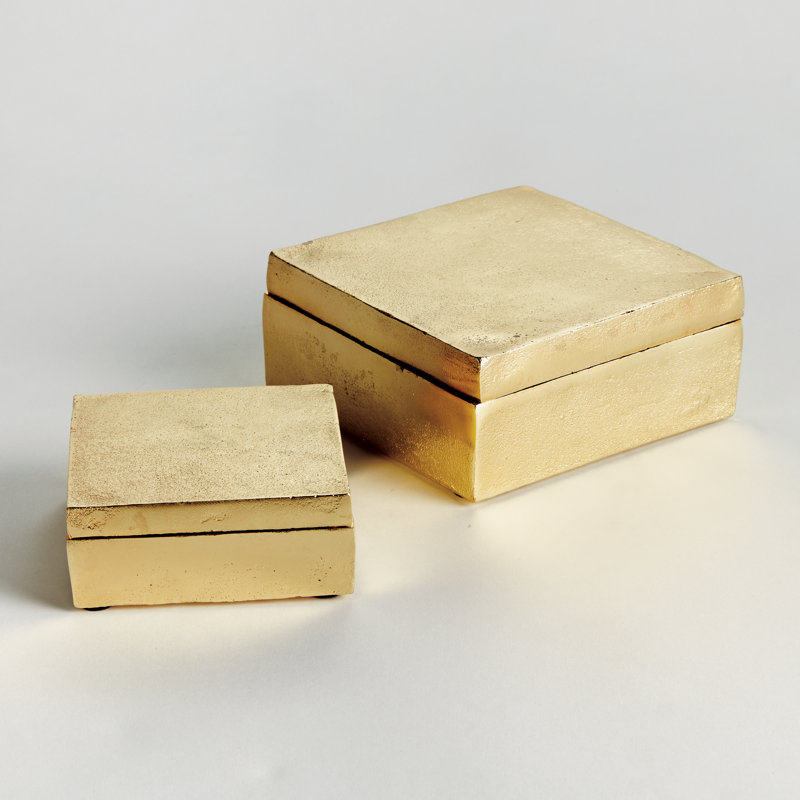 Sand-Cast Aluminum Lidded Storage Boxes in Gold, Set of 2