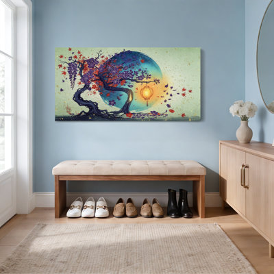 Japanese Maple Tree With Lantern And Moon Canvas Wrapped Wall Art Oil Painting Print Set Of 1