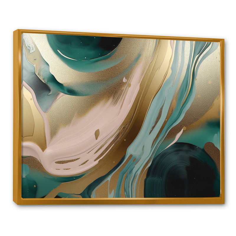 Or et vert marbré Euphoria V - art mural grand marbre abstrait, Cadre flottant doré, H 34 po x l 44 po x P 1,5 po