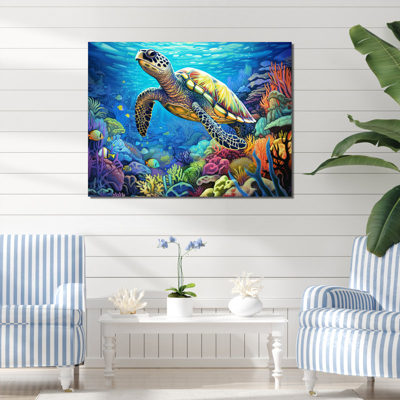 «Blue Sea Turtle World» - art mural corail sous l'eau, Toile tendue, H 24 po x l 32 po x P 1 po