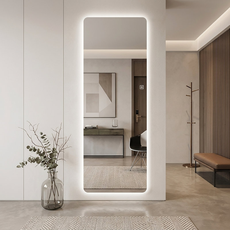 Miroir pleine longueur à DEL sans cadre avec éclairage antibrouillard à intensité variable 3 couleurs à fixation murale