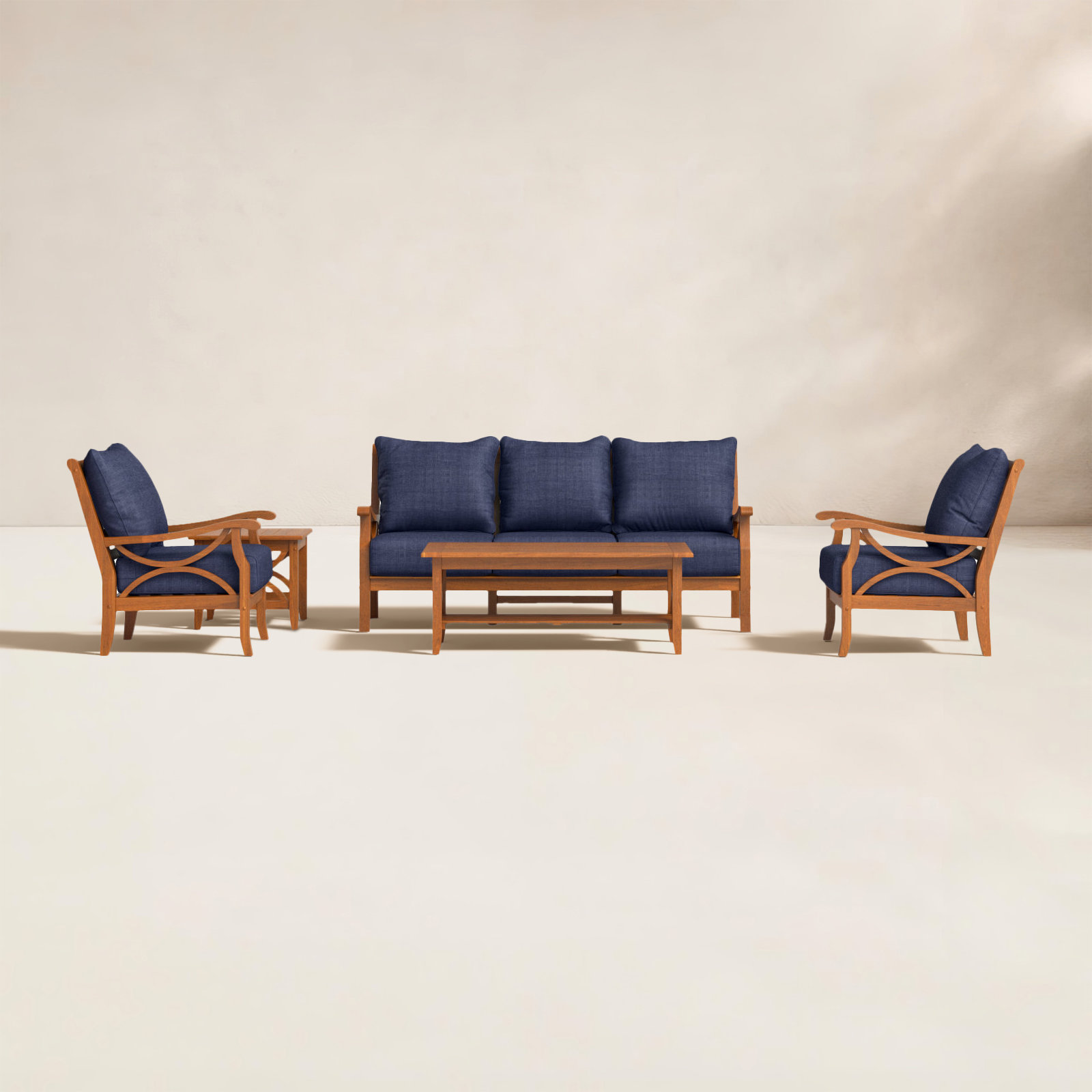 Brunswick 5-Person Teak Patio Seating Group, Navy Performance Olefin, Brown