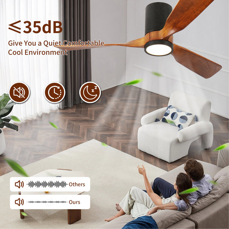 52 po Ventilateur de plafond à DEL encastré intérieur / extérieur noir mat avec pales en bois, télécommande CC 6 vitesses