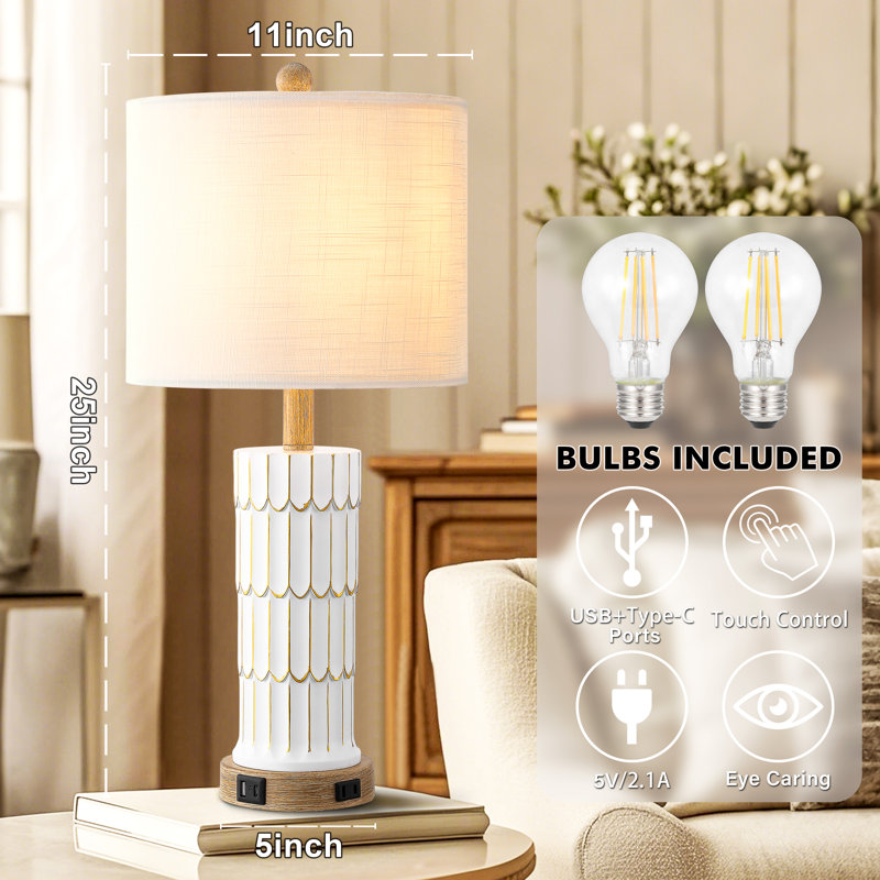 Ensemble de lampe de table en résine 25 po avec port USB, ports de type C et prise de courant CA, Ivoire ivoire, Blanc