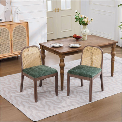 Ensemble de 2 chaises de salle à manger courbées arquées à dossier en canne, chaises d'appoint de style campagne Mid-Century, structure en bois massif vieilli, coussin en chenille avec ressort en S et éponge, chaises d'appoint sans accoudoirs pour la cuisine