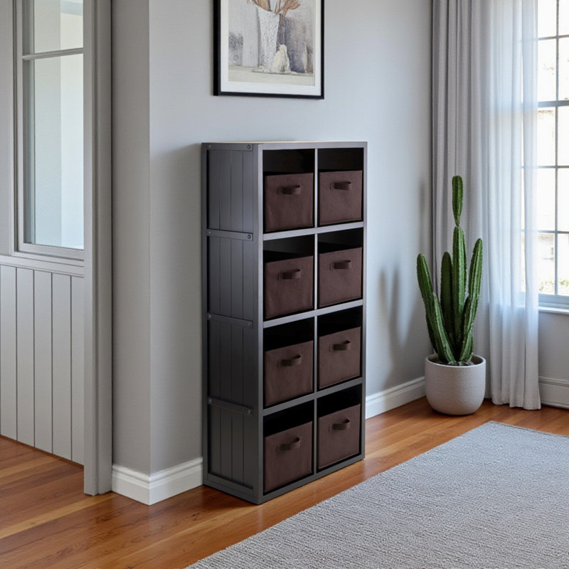 Anjalika 9-Pc Black Shelving Unit with 8 Foldable Fabric Baskets, 53.11'' H X 25.63'' W X 11.81'' D