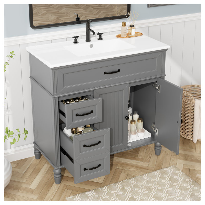 Meuble-lavabo 36 po avec lavabo, armoire de salle de bain vintage grise avec tiroirs et portes à fermeture en douceur, meuble-lavabo avec cadre en bois massif pour la rénovation de salle de bain moderne