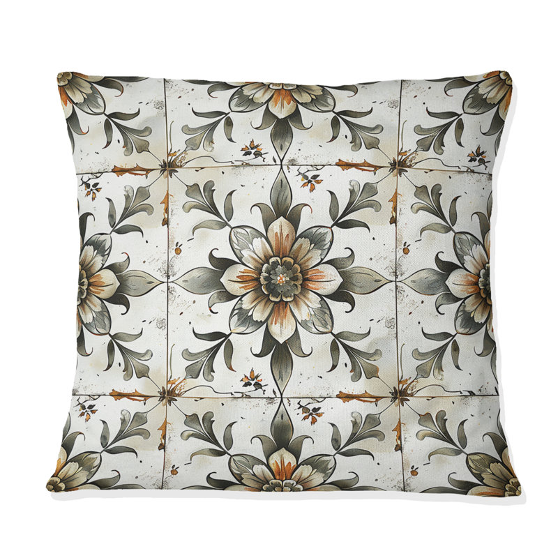 Floral Farmhouse Tiles - Coussin Farmhouse, H 16 po x l 16 po, Blanc / Brun