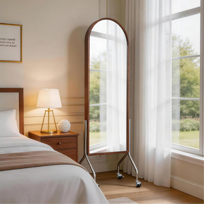 Miroir arqué pleine longueur avec tablettes et roulettes de rangement, miroir de plancher à cadre en bois d'hévéa, miroir roulant autoportant avec chariot, miroir 2-en-1 et bibliothèque pour le salon de la chambre à coucher