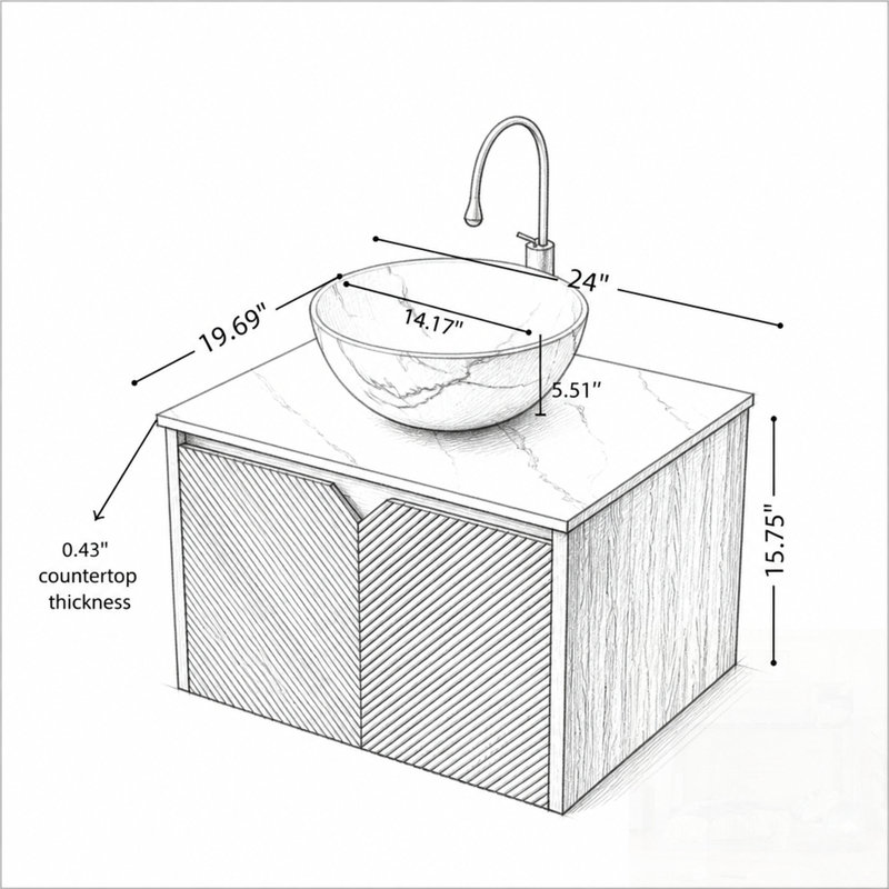 Wall Mounted Single Double Single Vanity Bathroom Vanity With Top, 15.75"H*24"W*19.69"D, Bowl White Stone Vessel