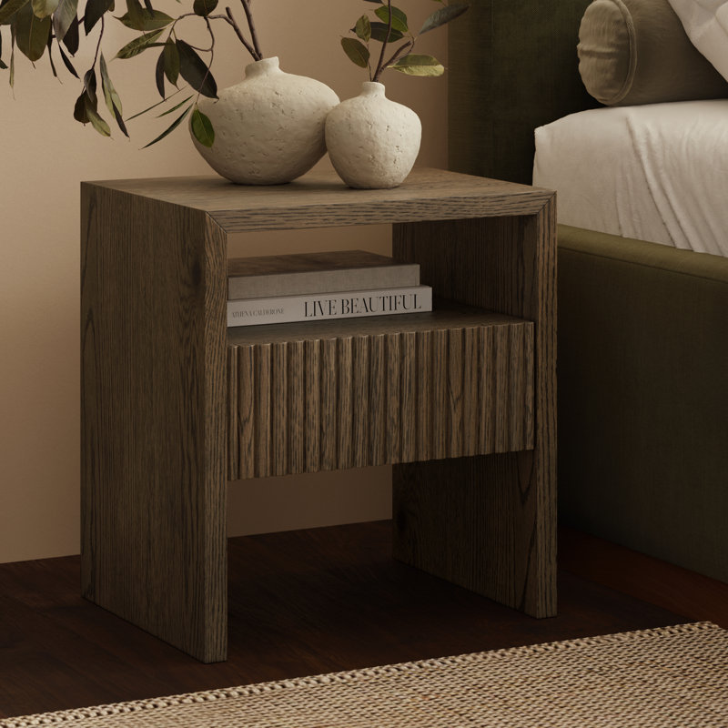 Leeds Oak Nightstand With Ribbed Design Drawer, Brown