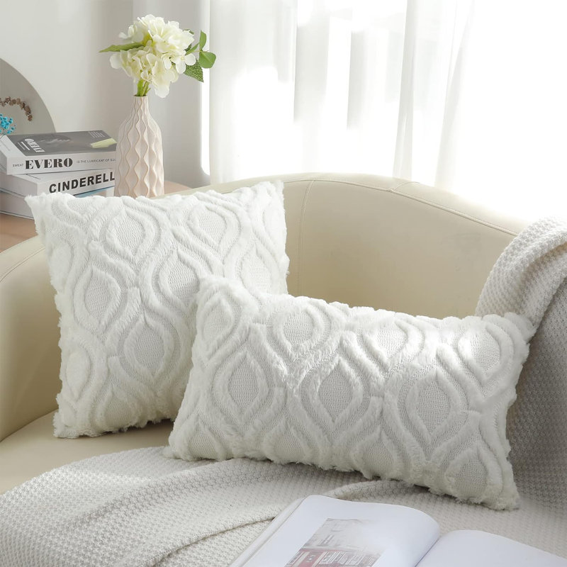 Decorative Throw Pillow Covers 24X24 Set Of 2, Soft Plush Faux Wool Couch Pillow Covers, Green, Cream Beige
